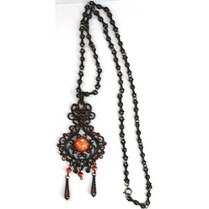 Rare Vintage DLH Depose Pendant Necklace • 28" Chain • Red Orange Beads
